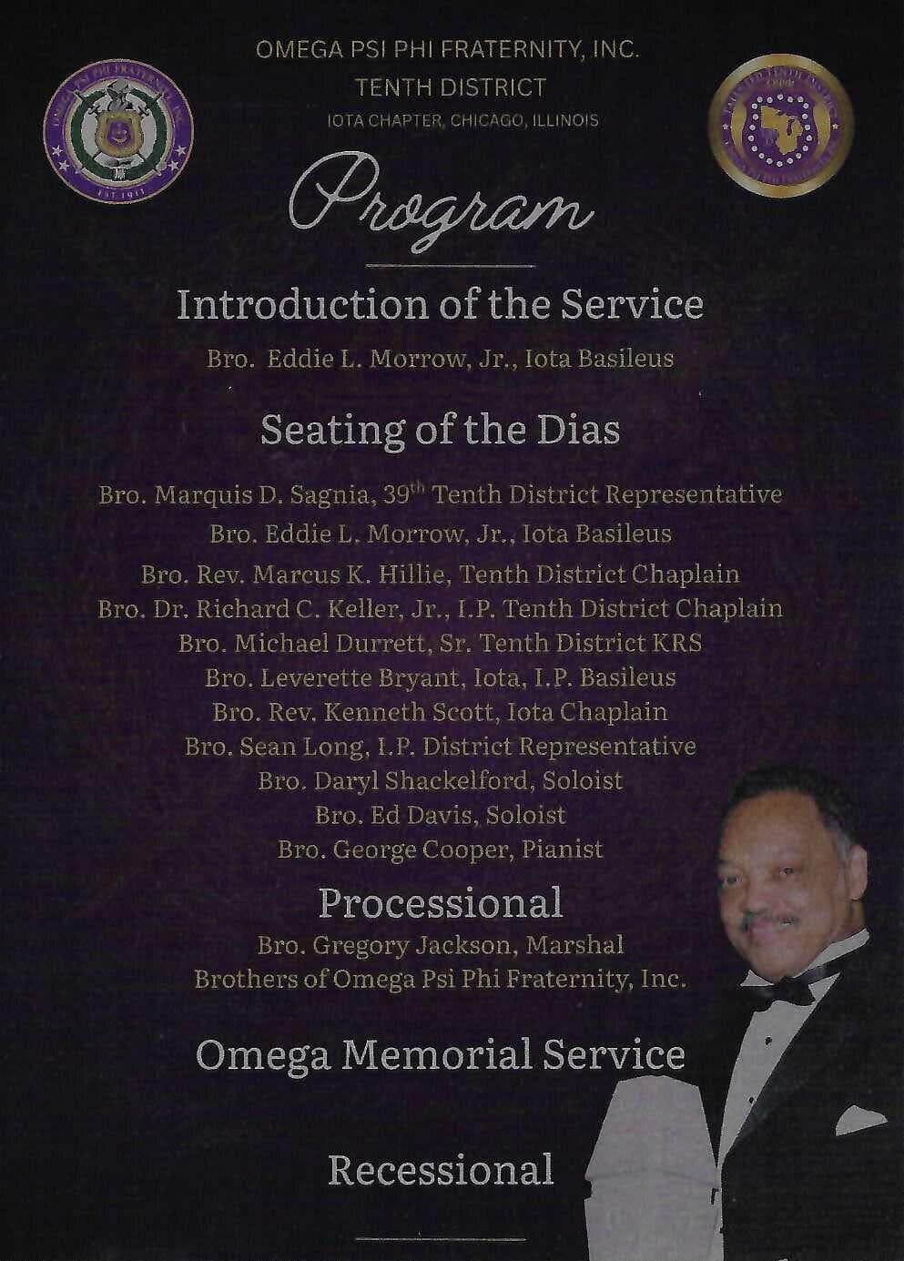 Omega Memorial Service for Bro. Rev. Jesse L. Jackson, Sr. flyer — program